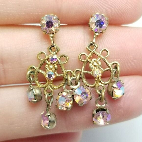 Vintage Pink AB Rhinestone Dangle Stud Earrings Gold Tone Filigree Design Estate - Picture 1 of 6